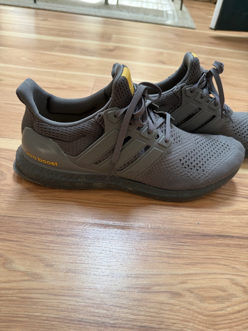 adidas Men’s Dark Gray Knit Sneakers with Yellow tongue patch - Picture 3 of 7